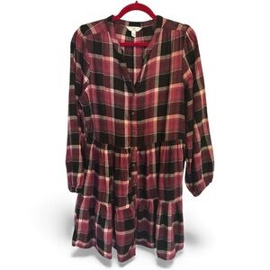 Time & Tru Plaid Flannel Tiered Dress-Cranberry, Gold, & Black Plaid-Size Large